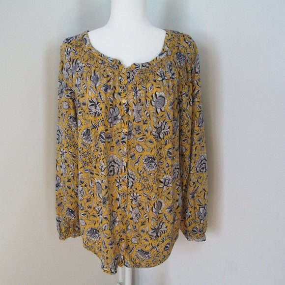 Lucky Brand Yellow and Blue Floral Button-Down Collarless Top Size L - Picture 12 of 12